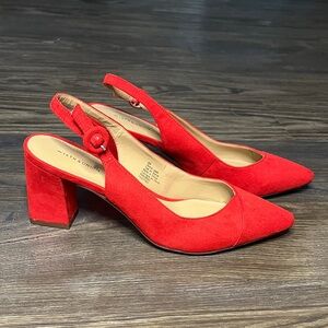 14th & Union Red Orange Pointed Toe Slingback Block Heels